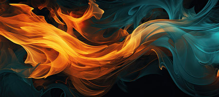 Orange and blue paint on a black background, in the style of flowing forms, ethereal illustrations - Generative AIの素材
