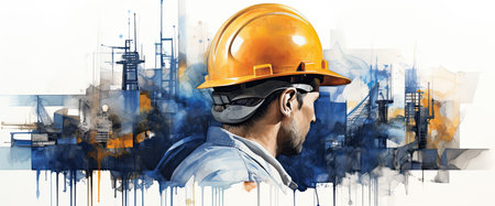 Construction worker with helmet against construction site in the city - AI Generatedの素材