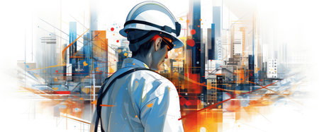 Construction worker with helmet against construction site in the city - AI Generatedの素材