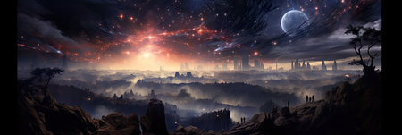 Alien landscape with strange trees and faraway planets in the sky - AI Generatedの素材