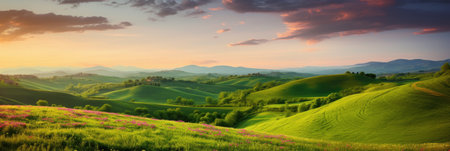 Beautiful panoramic landscape of a green hills with spring flowers - Generative AIの素材