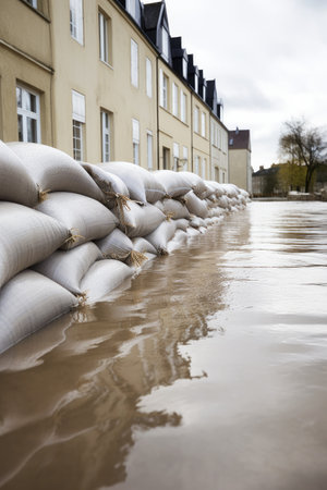 Close shot of flood Protection Sandbags with flooded homes in the background- Generative AIの素材
