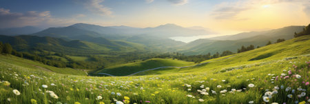 Beautiful panoramic landscape of a green hills with spring flowers - Generative AIの素材