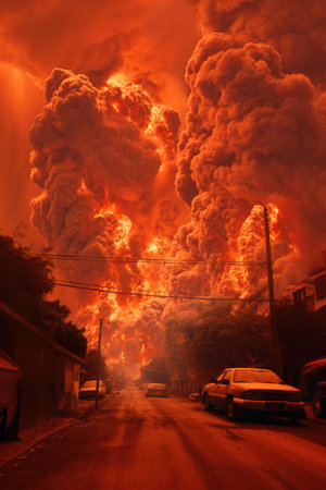 Conceptual image of a city destroyed by fire - AI Generatedの素材