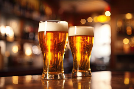 Pint glasses of beer in a bar - Generative AIの素材