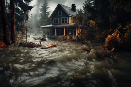 House in floodwater at night - Generative AIの素材