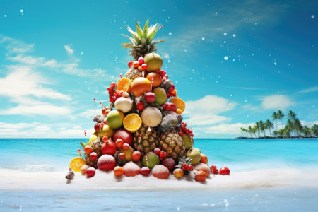 Christmas tree made of exotic fruits on the beach of a tropical island - Generative AIの素材