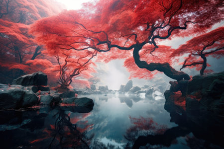 View of a japanese landscape, red autumn foliage - Generative AIの素材