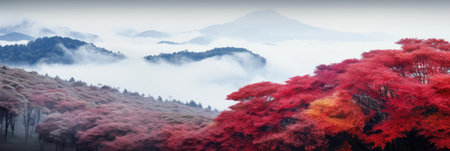 View of a japanese landscape, red autumn foliage - Generative AIの素材
