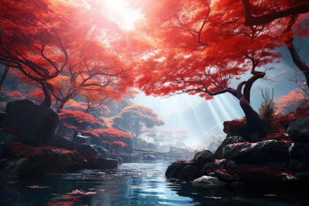 View of a japanese landscape, red autumn foliage - Generative AIの素材