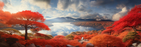 View of a japanese landscape, red autumn foliage - Generative AIの素材