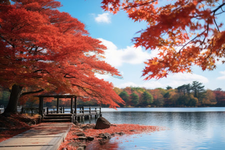 View of a japanese landscape, red autumn foliage - Generative AIの素材