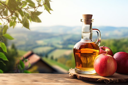 Apple cider vinegar in bottle and apples - Generative AIの素材