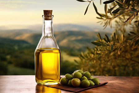 Olive oil bottle and olive fruits on a wooden table under olive tree - Generative AIの素材