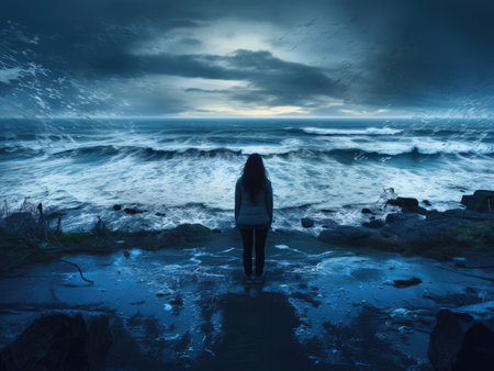 Woman standing in front of the ocean and looking at the stormy sea - AI Generatedの素材