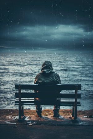 Man sitting on bench overlooking sea - Generative AIの素材