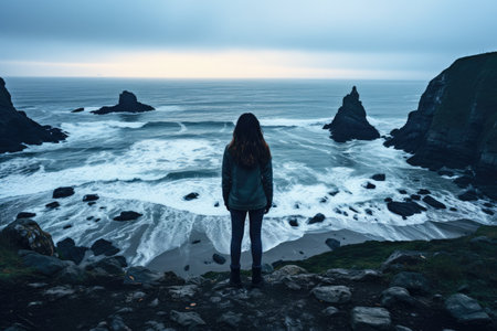 Woman standing in front of the ocean and looking at the stormy sea - AI Generatedの素材