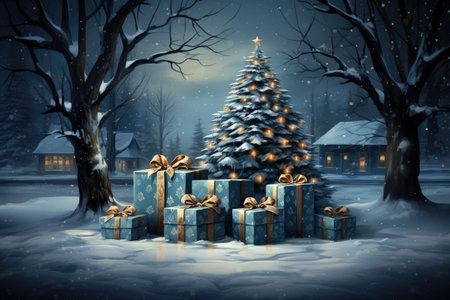 Christmas tree with a star in a snowy landscape - Generated AIの素材