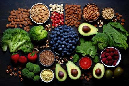 Knolling of high fiber foods : Walnuts, Broccoli, Beans, Berries, Avocado, Popcorn, Apples - Generative AIの素材