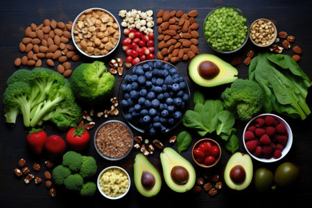 Knolling of high fiber foods : Walnuts, Broccoli, Beans, Berries, Avocado, Popcorn, Apples - Generative AIの素材