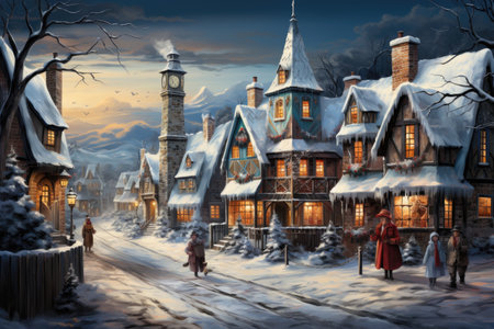 Vintage style snowy Christmas village scene - Generative AIの素材