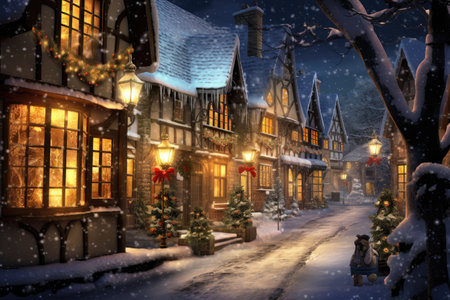 Vintage style snowy Christmas village scene - Generative AIの素材