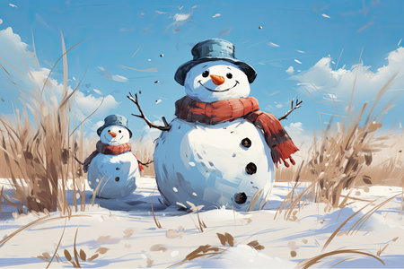Vintage style snowman in the countryside - Generative AIの素材