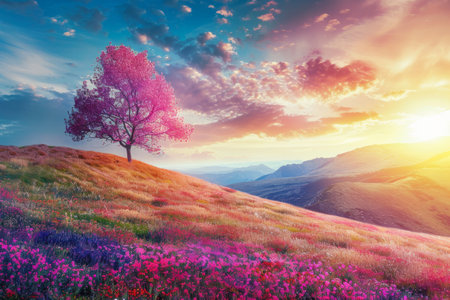 Striking landscape of hills with pink colors - Generated AIの素材