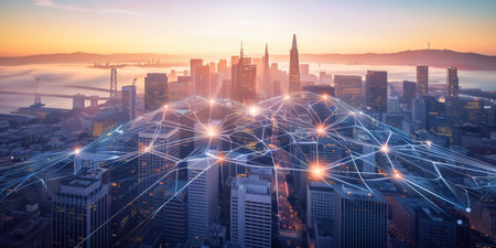 Modern city landscape showing dots and line representing high-speed internet, cloud data storage, computing, global market, global network - Generative AIの素材