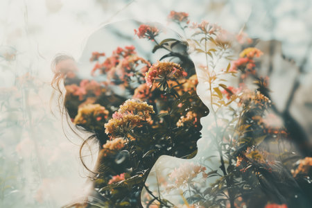 Double exposure of a profile of a woman, and bushes and flowers - Generative AIの素材