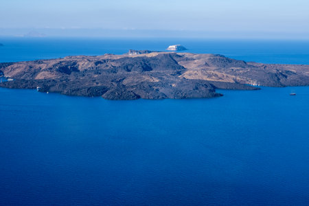View of Kameni volcano at the beginning of sismic activity and volcanic unrestの写真素材