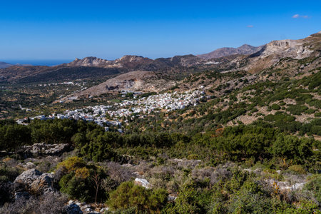 Elevated view of the traditional Filoti village nestled on the hillside in Naxosの写真素材