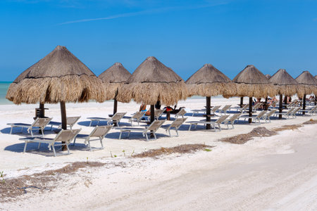 Series of palapas with lounge chairs facing the turquoise sea, near Punta Mosquito in Holbox Island,...