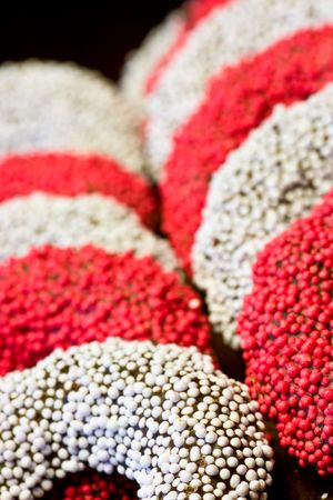 white and red colored chocolate rings