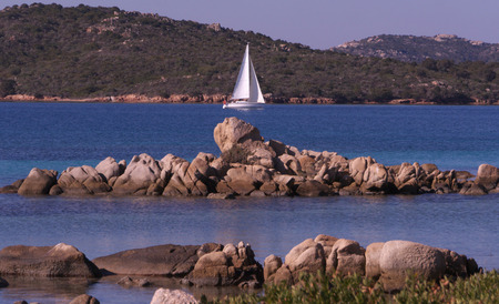 sailboat off island of Capreraの写真素材