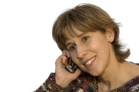 a beautiful women calling her love with a mobile phone. on white background.の写真素材