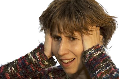 beautiful woman who can't believe what's she's seeing. on white background.の写真素材