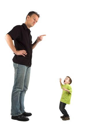 Caricature of a large father and an extra small child. The child is very scared for his father. Use it for all kinds of raising children problems.の写真素材