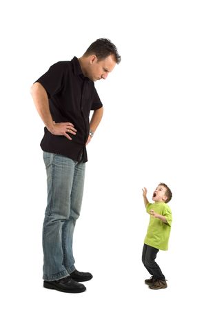 Caricature of a large father and an extra small child. The child is very scared for his father. Use it for all kinds of raising children problems.の写真素材