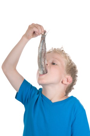 Little boy eating a herring. It is a Dutch tradition to eat a herring like this. In Holland they also call a herring a Maatje.の写真素材