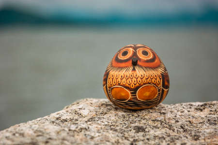 Owl painted on calabash. Work by riverside indigenous people of the Colombian Amazon.の写真素材