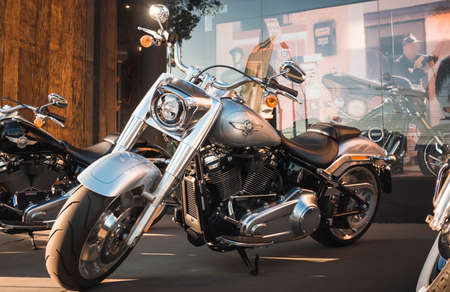 Detail of a Harley-Davidson motorcycle on display in the city of Londrina, southern Brazil. It is...