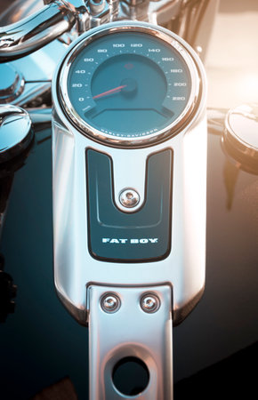 Detail of a Harley-Davidson motorcycle on display in the city of Londrina, southern Brazil. It is...
