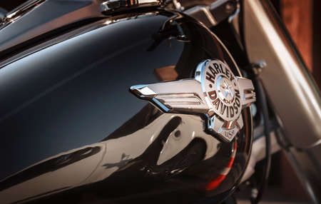 Detail of a Harley-Davidson motorcycle on display in the city of Londrina, southern Brazil. It is one of the most iconic motorcycle brands in the world.のeditorial素材