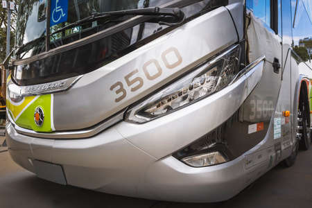Vehicle Marcopolo Paradiso G8 1800 DD Mercedes-Benz O500 RSDD (2022), on display at the exhibition park in the city of Londrina, Brazil.のeditorial素材