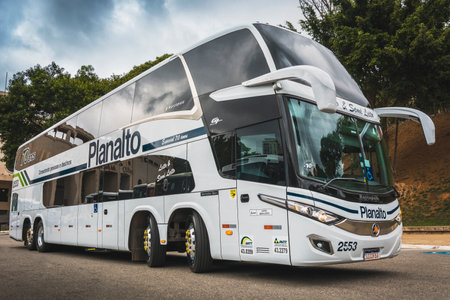 Marcopolo Paradiso G7 1800 DD on display at Bus Brasil Fest (BBF 2019), held in the city of SÃ£o Paulo.のeditorial素材