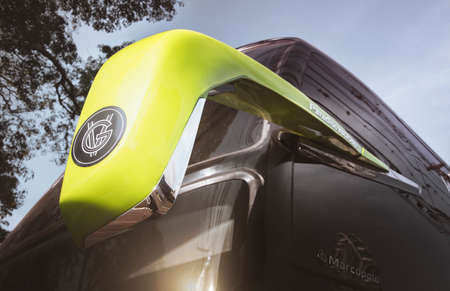 Vehicle Marcopolo Paradiso G8 1800 DD Mercedes-Benz O500 RSDD (2022), on display at the exhibition park in the city of Londrina, Brazil.のeditorial素材