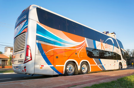 Vehicle Marcopolo Paradiso 1800 DD G7 Volvo B420R on display in the city of Londrina, southern Brazil.のeditorial素材