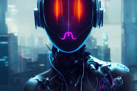 Illustrative drawing of a beautiful cyberpunk robotic girl. Ideal figure for virtual or printed use.の写真素材