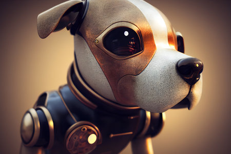 Illustrative drawing of a robot dog looking to the side. Steampunk style. 3D rendering.の写真素材